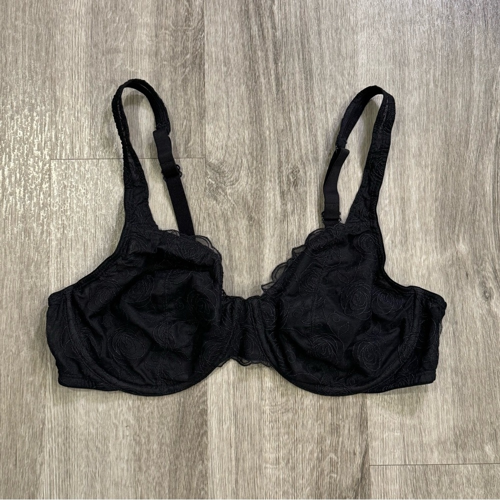 Bali Bra Women Size 40C Black Floral Lace Mesh Unpadded Underwire Lingerie Bra